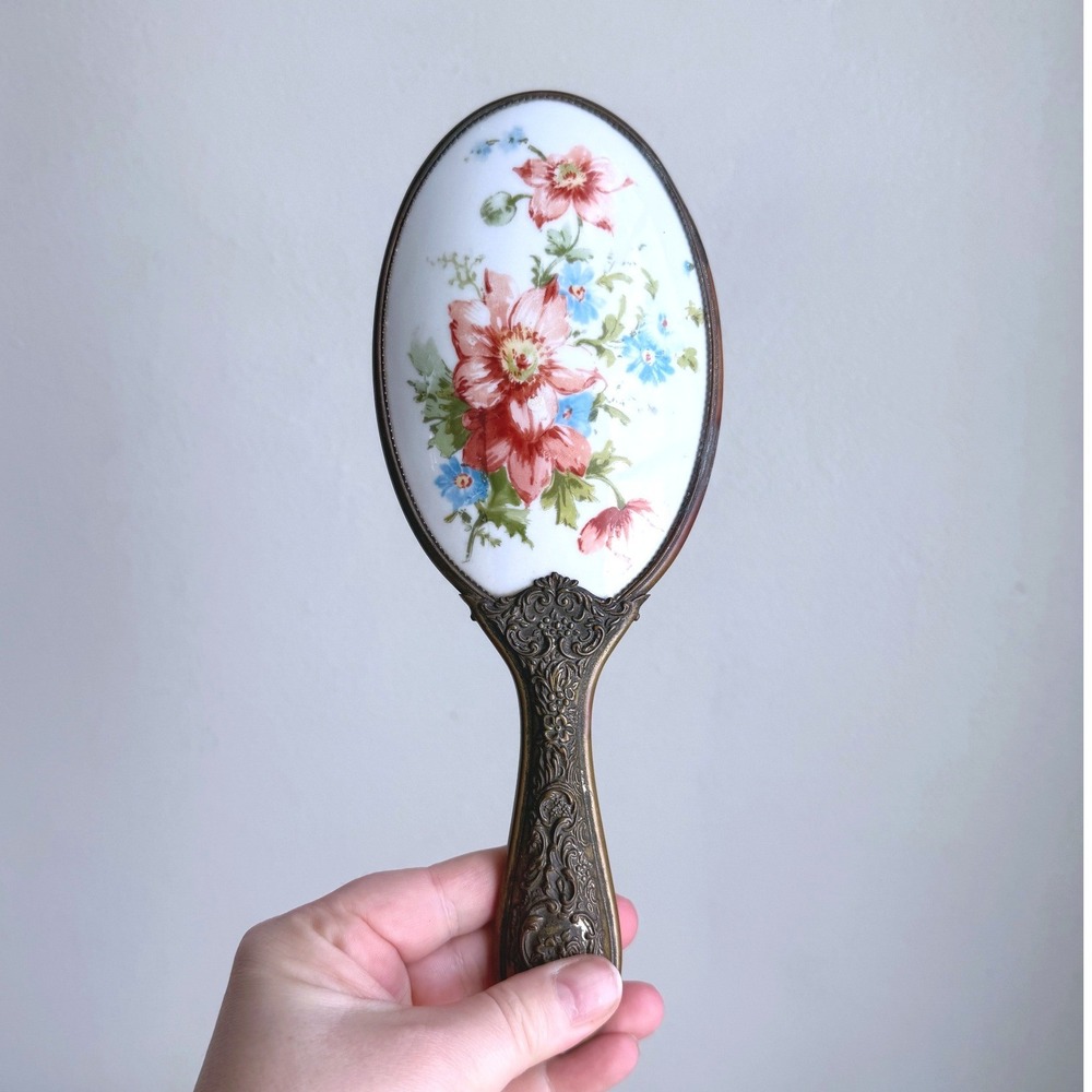 Vintage Ornate Brass Hand Mirror Floral Porcelain Back Victorian Vanity Decor